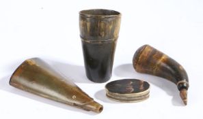 A collection of 19th Century horn items, to include two flasks, a snuff box and a cup, (4)