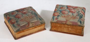 A pair of Victorian footstools with 18th Century tapestry, the tapestry with an urn and blooms
