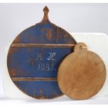 A large 19th Century Swedish board, one side painted in blue with a initials KR and the date 1883,