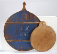 A large 19th Century Swedish board, one side painted in blue with a initials KR and the date 1883,