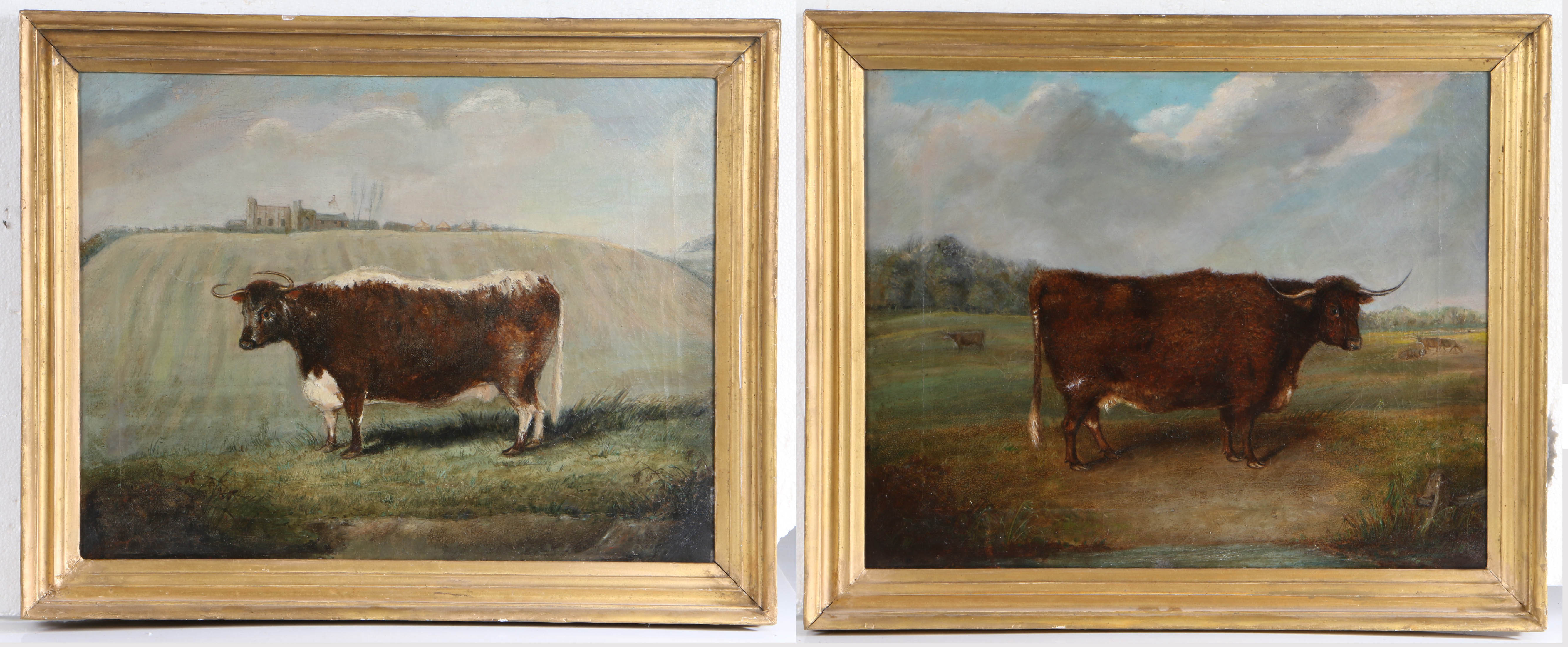 English School (19th Century) Primitive Longhorn Cows in Landscape pair of oils on canvas 42 x