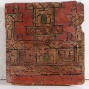 An 18th Century decorated panel, probably Swedish, with a red ground and black lined buildings, 14cm