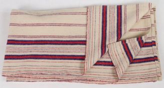 A Welsh blanket, red and blue bands and cream field, 150cm x 160cm approximately