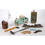 A collection of objects, to include a 19th Century lidded container, a ladle, a pen work