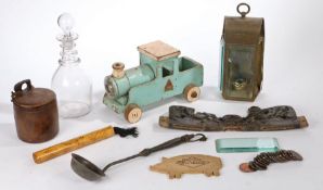 A collection of objects, to include a 19th Century lidded container, a ladle, a pen work