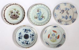 A Collection of 18th Century English Delft plates, to include three Lambeth examples, each with