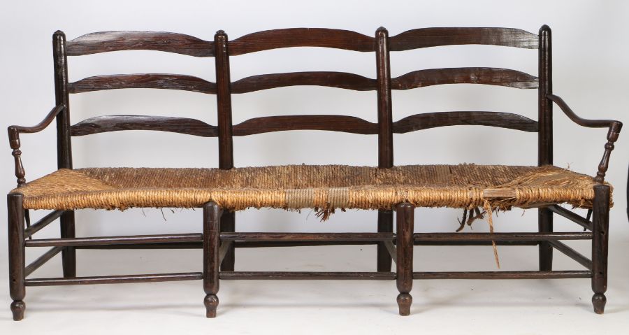 A large 18th Century French mulberry wood provincial radassier/sofa, the triple ladder back above - Image 2 of 2
