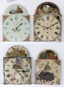 A collection of four long case clock painted dials, each fitted with a later battery powered