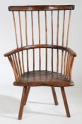 A late 18th Century/ early 19th Century ash primitive shawl back Windsor chair, West Country,