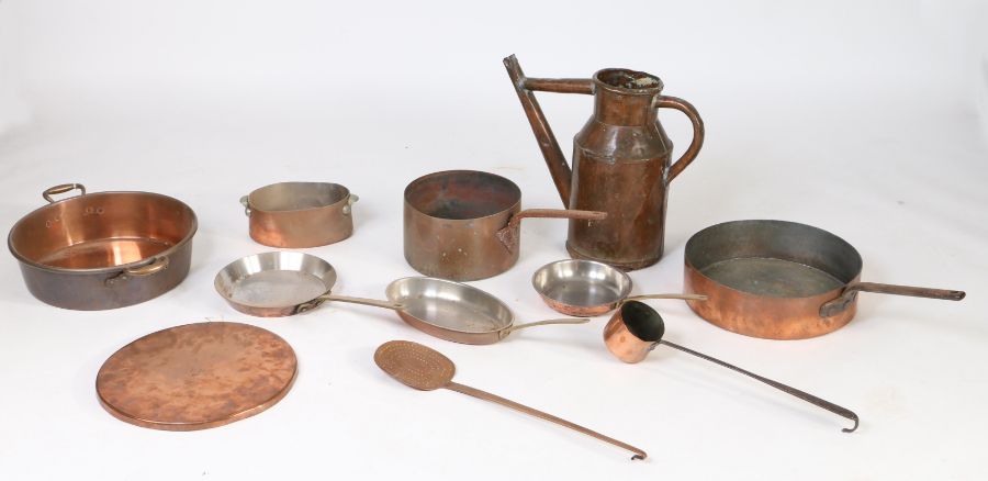 A collection of copper, to include a French watering can, copper pots, a pan, a skimmer and a - Image 2 of 2