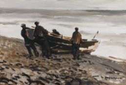 Donald McIntyre (British 1923-2009) Dragging a coble ashore, signed lower right, 54cm x 80cm