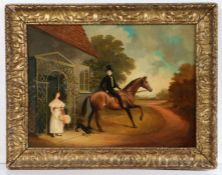 English School (19th Century) Gent on Horseback with Lady by a Cottage indistinctly signed (lower