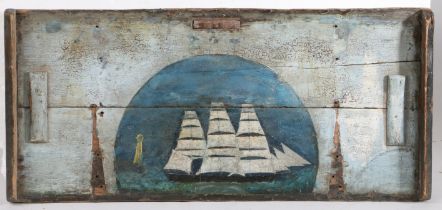 19th Century Maritime/sailors folk art, a three masted ship at sea, painted to the under side of a