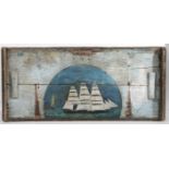 19th Century Maritime/sailors folk art, a three masted ship at sea, painted to the under side of a
