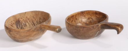 Two 19th Century Swedish scoops, each with a bowl and shaped handle, dated 1866 H. Kveen and 1846