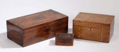A Victorian walnut sewing box, the rectangular box with specimen wood banding, 26cm wide, together