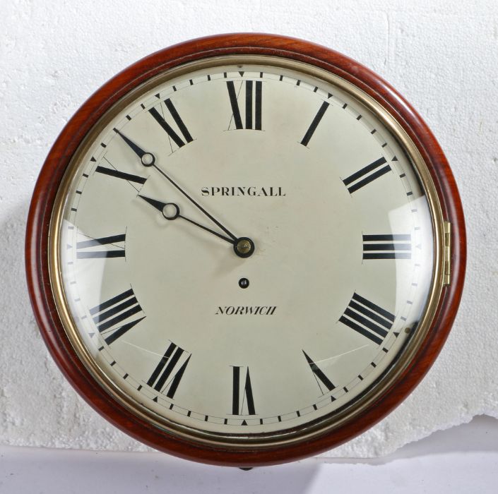 A 19th Century Norfolk wall clock, Springall Norwich, the cream painted signed dial with Roman