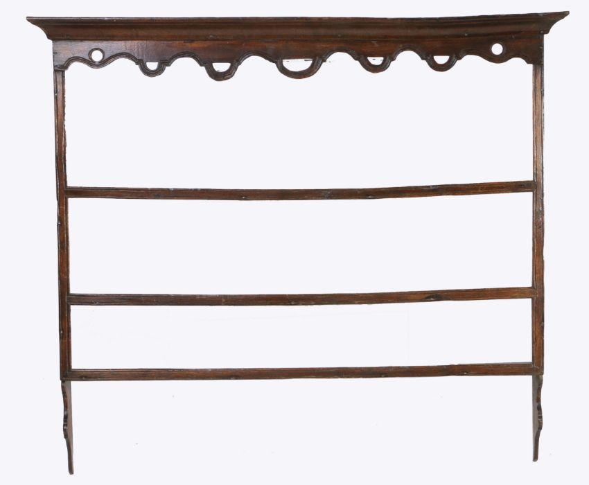 An unusual 18th Century oak plate rack, the concave cornice above a pierced undulating apron and - Image 2 of 3