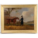 Edwin Cooper (British 1785-1833) Horse and groom before a landscape, signed and indistinctly