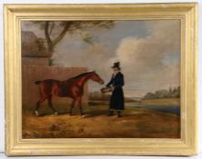 Edwin Cooper (British 1785-1833) Horse and groom before a landscape, signed and indistinctly