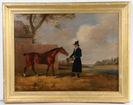 Edwin Cooper (British 1785-1833) Horse and groom before a landscape, signed and indistinctly