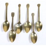 A collection of six George III gilded spoons, with worn bowl and stems with flattened ends, (6)