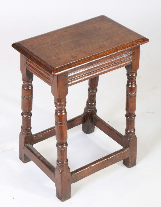 A Charles I oak joint stool, circa 1640 and later, the later rectangular top above turned legs - Image 6 of 6