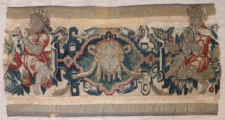 A 17th Century tapestry table runner fragment, with a centre bust with ribbons and dancing figures