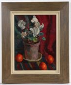 Patricia Preece (British 1894-1966) Cyclamen and oranges, signed on torn exhibition label to the