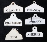 A collection of 19th Century bin labels, to include Claret, Rum, Pale Sherry, Brandy, Sherry x 2, to