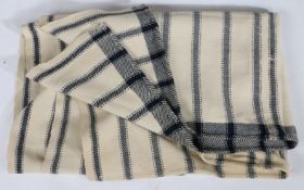 A Welsh blanket, with hatched blue lines, 165cm x 185cm approximately