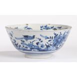 A mid 18th Century English Delft bowl, Bristol circa 1740, painted in blue with birds and flowers,