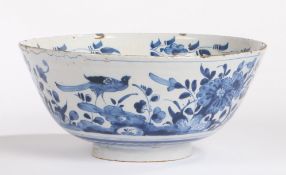 A mid 18th Century English Delft bowl, Bristol circa 1740, painted in blue with birds and flowers,