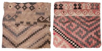 Two Slit Weave Sumak bags, with a diagonal design on a red cream and black ground (2)