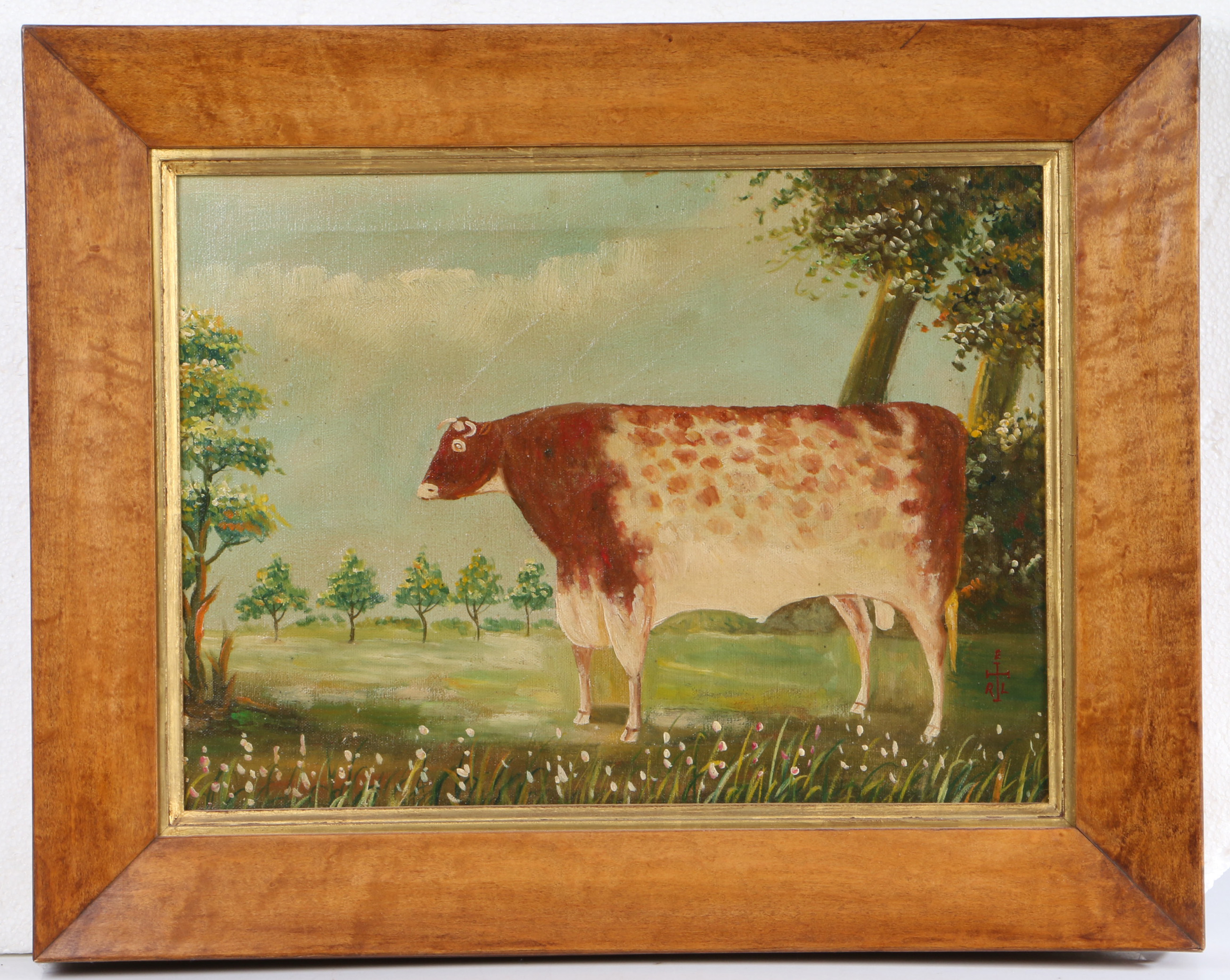 British School, 20th Century, a primitive picture of a cow, signed ERL, 40cm x 29cm