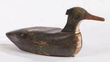 A decoy duck, painted in brown with a long beak, 45cm long