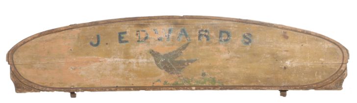 A 19th Century hay cart rear panel, J. Edwards above a dove, 142cm long, 31cm high