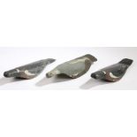 Pigeon lures, to include two painted metal examples and a painted canvas example, (3)