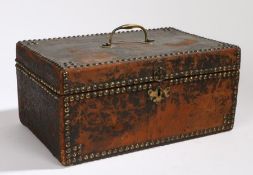 A 19th Century leather and studwork stationary box, the rectangular box with a swing handle to to