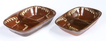 Two Staffordshire slipware baking dishes, rectangular form with wriggle design and central divide,