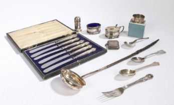 A selection of silver, various dates and makers to include three piece condiment set, napkin ring,