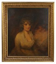 Circle of John Hoppner R.A. (London 1758-1810) Portrait of a lady, wearing a cream dress, seated
