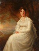 English School (19th Century) Portrait of a Lady in White Dress oil on canvas 37 x 28cm (14.5" x