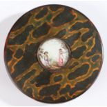 A George III tortoiseshell and enamel snuff box, the central inset panel painted in polychrome