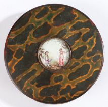 A George III tortoiseshell and enamel snuff box, the central inset panel painted in polychrome