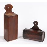 A George III oak candle box, the shaped back board with a rectangular box and slide front, 45cm