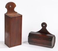 A George III oak candle box, the shaped back board with a rectangular box and slide front, 45cm