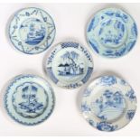 A collection of 18th Century Delft plates, each decorated with an Oriental scene, each damaged or