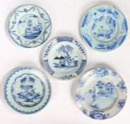 A collection of 18th Century Delft plates, each decorated with an Oriental scene, each damaged or