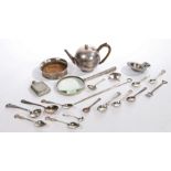 Silver plated ware, to include bullet form teapot with fruitwood handle, bottle coaster,